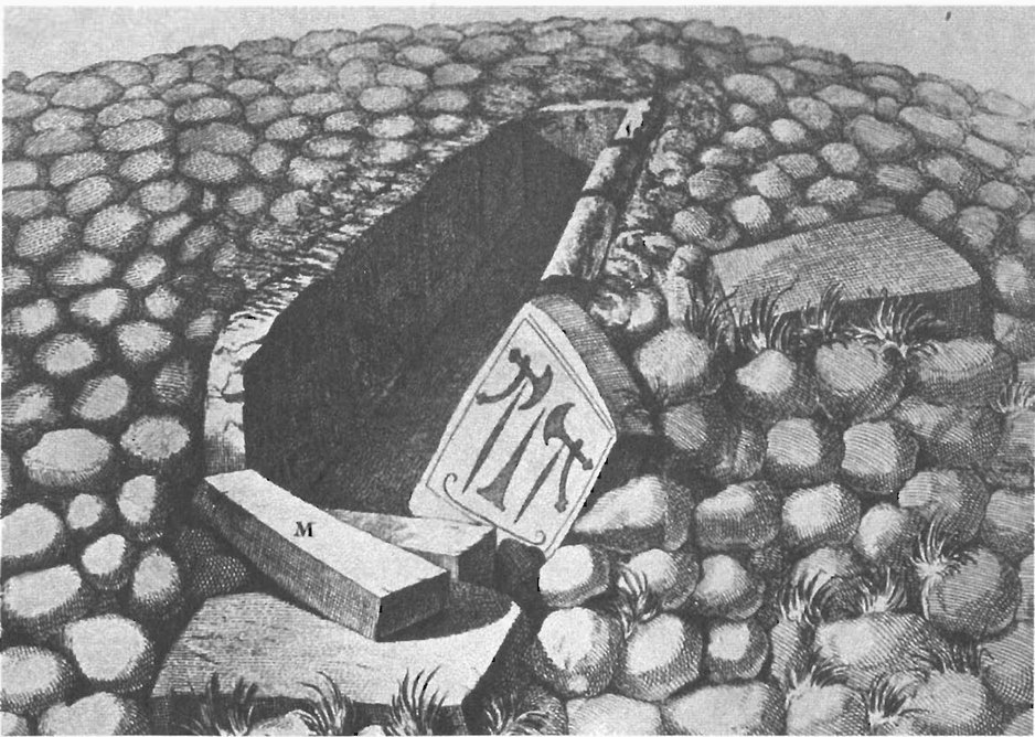16. Зарисовка погребальной камеры в Кивике, расположенной в центре каменного керна. Сделана около 1780 г. Впоследствии первая плита, изображенная на рисунке, была утеряна. Диаметр каменного керна, возвышавшегося над погребением, составлял около 75 м. Он был самым большим могильным холмом эпохи бронзового века в Швеции. Фотография была любезно предоставлена Государственным историческим музеем Стокгольма