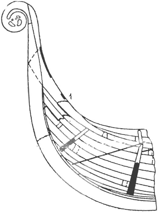 Рис. 51. Форштевень судна из Усеберга. Верхняя часть штевня с изображением головы дракона (реконструирована Ф. Йоханессеном по найденным остаткам). Жирной линией (1) показана граница сохранившейся части судна из Усеберга