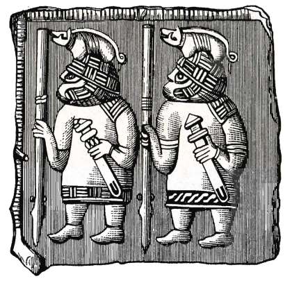 Воины в шлемах. Изображение на бронзовой пластине VIII века. Швеция