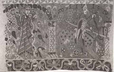 Настенный ковер из Балдишола, Норвегия. Около 1200 года. Символическое изображение месяцев (апрель и май) в виде воинов