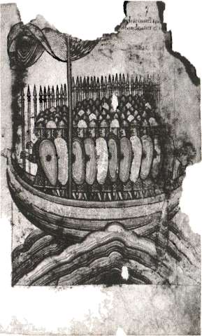 Нападение викингов. Страница из франкского манускрипта. Около 1100 года