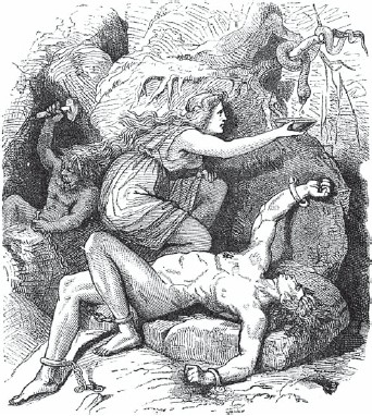 Наказанный Локи и его супруга Сигюн. Иллюстрация XIX в. к «Старшей Эдде»