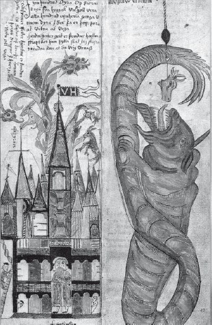 Чертог Вальхалла. Справа — мировой змей Йормунганд. Иллюстрация к «Прозаической Эдде» («Младшей Эдде») (1760 г.)