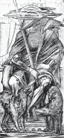 Эдуард Берн-Джонс. Один (ок. 1870 г.). Верховный ас восседает на престоле Хлидскьяльв, на его плечах вороны Хугин и Мунин, а у ног — волки Гери и Фреки