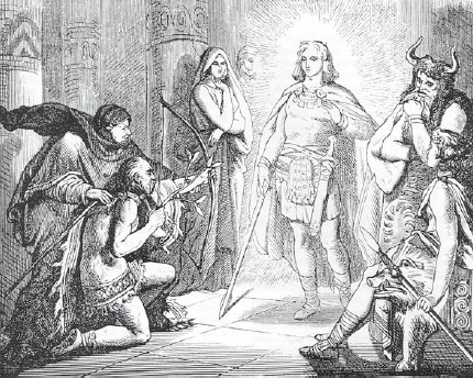 Локи подговаривает слепого бога Хеда выстрелить в Бальдра. Иллюстрация к «Старшей Эдде» (XIX в.)