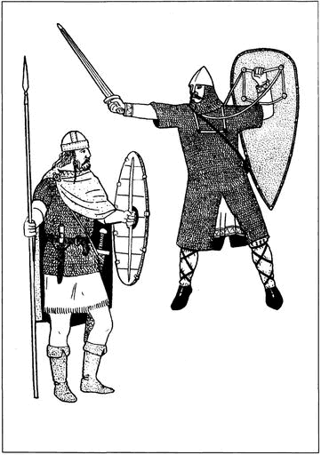 Рис. 14. Англо-саксонский «хусхольд» (воин, вооруженный на скандинавский манер, XI в.). Воин ирландской «феаны» (дружины, X—XI вв.)