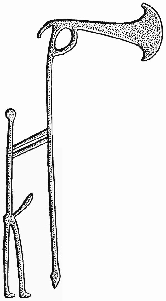 Рис. 8. Человек с топором, изображенный на скале в Симрислунде, Танум, Бохуслэн (по Альмгрену)