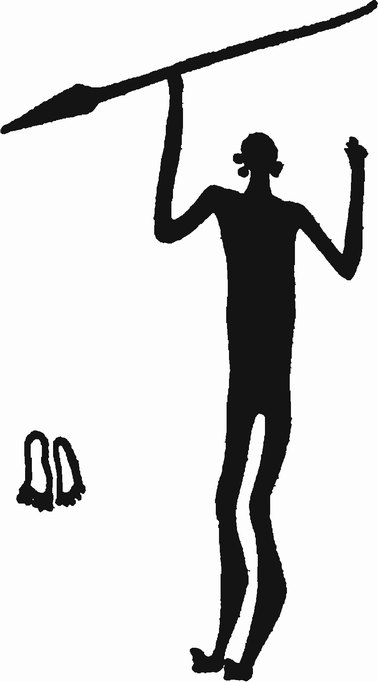 Рис. 9. Копьеносец, изображенный на скале в Литслеби, Танум, провинция Бохуслэн (по Альмгрену)